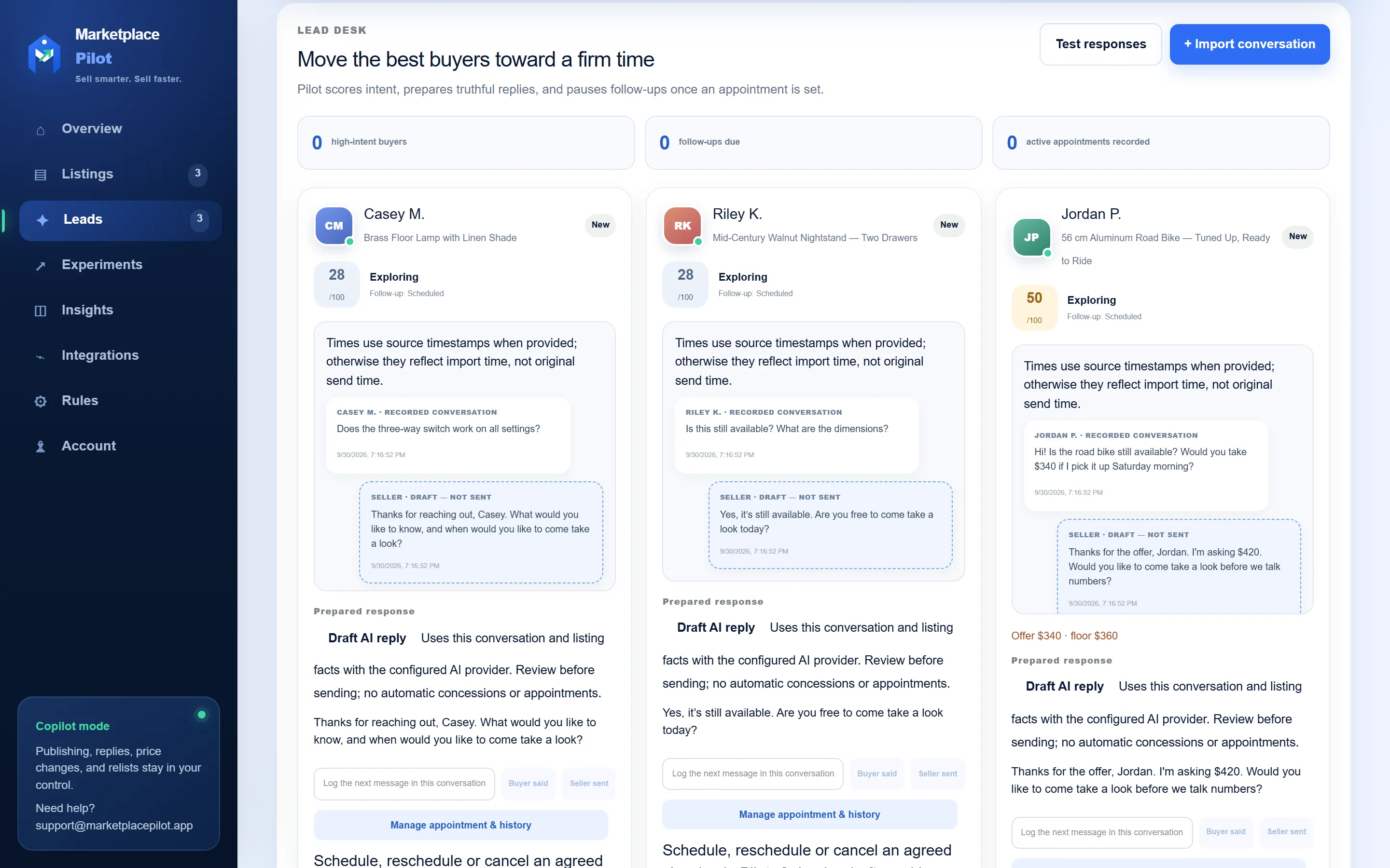 Marketplace Pilot lead desk with three example buyer conversations, each showing the buyer’s message and a suggested reply marked “Draft — not sent”.