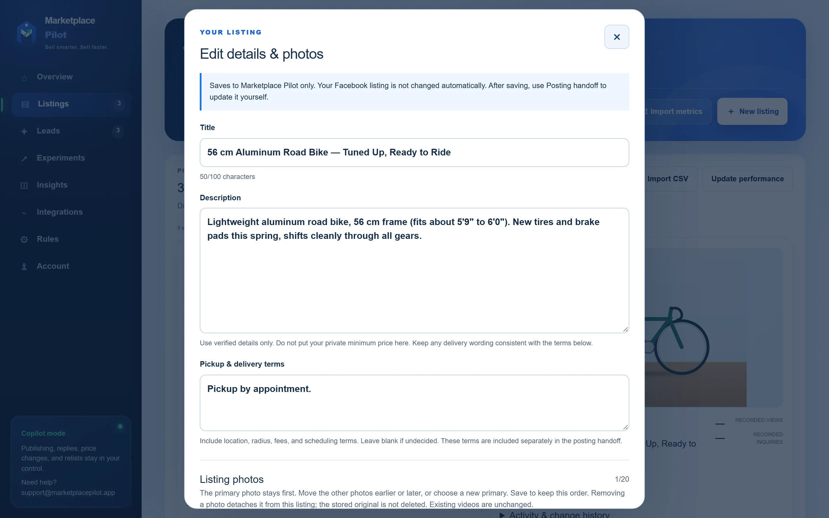 Marketplace Pilot listing editor showing an example road bike listing’s title, description and pickup terms, with a note that the Facebook listing is not changed until you update it yourself.