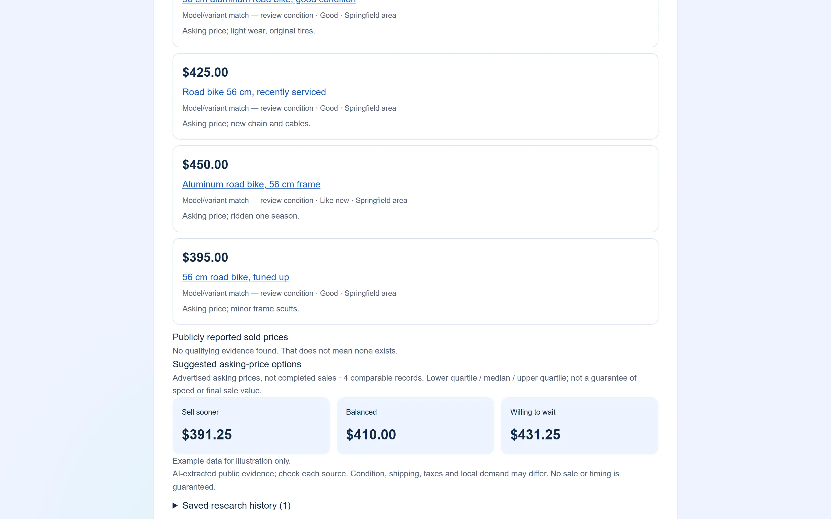 Marketplace Pilot price research for an example road bike, listing comparable asking prices and three suggested asking prices: sell sooner, balanced and willing to wait.